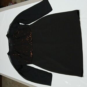 MM Couture Black Chiffon Longsleeve Cocktail Dress w Gold Sequin Underlay Size S